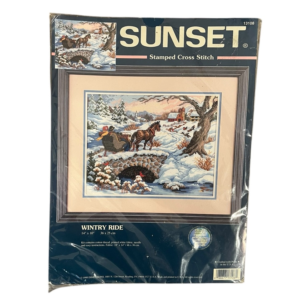 Sunset “Wintry Ride” Stamped Cross Stitch Kit #13108 1999 Sleigh Country NEW